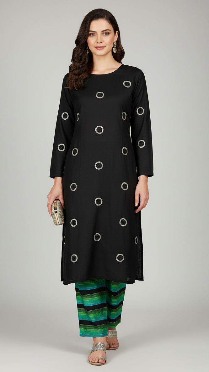 Woman wearing a black kurta with circular patterns and green pants on a gray background