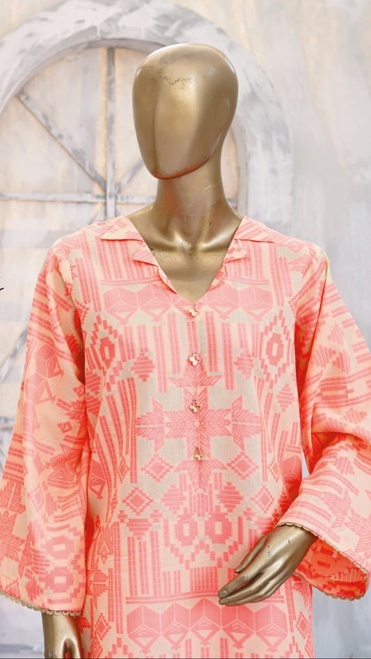 Mannequin wearing a pink kurti with text about 'Kurti Vibes' and a decorative background.