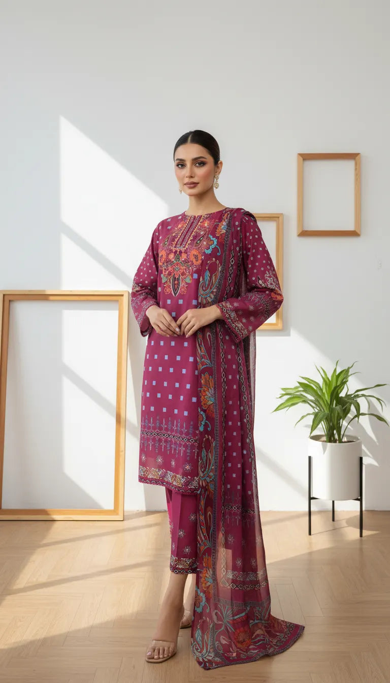 Eireneh 3 Piece Printed Lawn Suit Unstitched