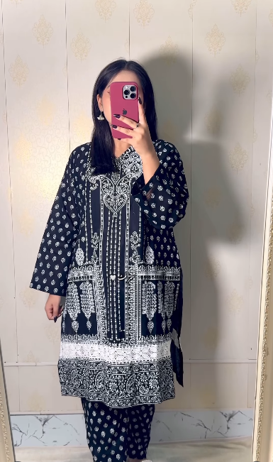 Zaria – 2PC Printed Lawn Suit (Black & White)