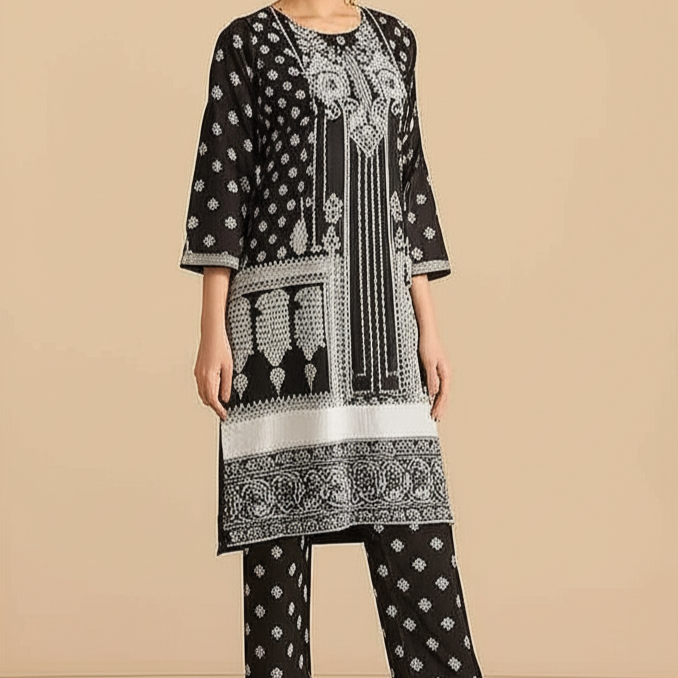 2PC Printed Lawn Suit (Black & White)