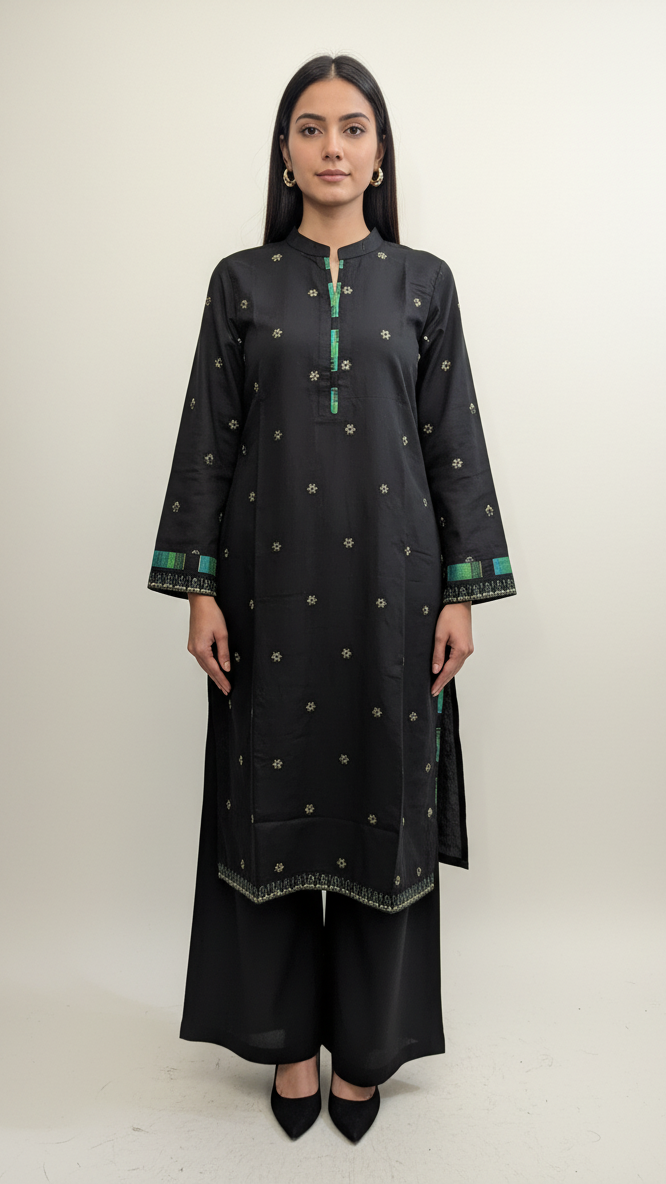 Woman wearing a black traditional outfit with green accents on a white background