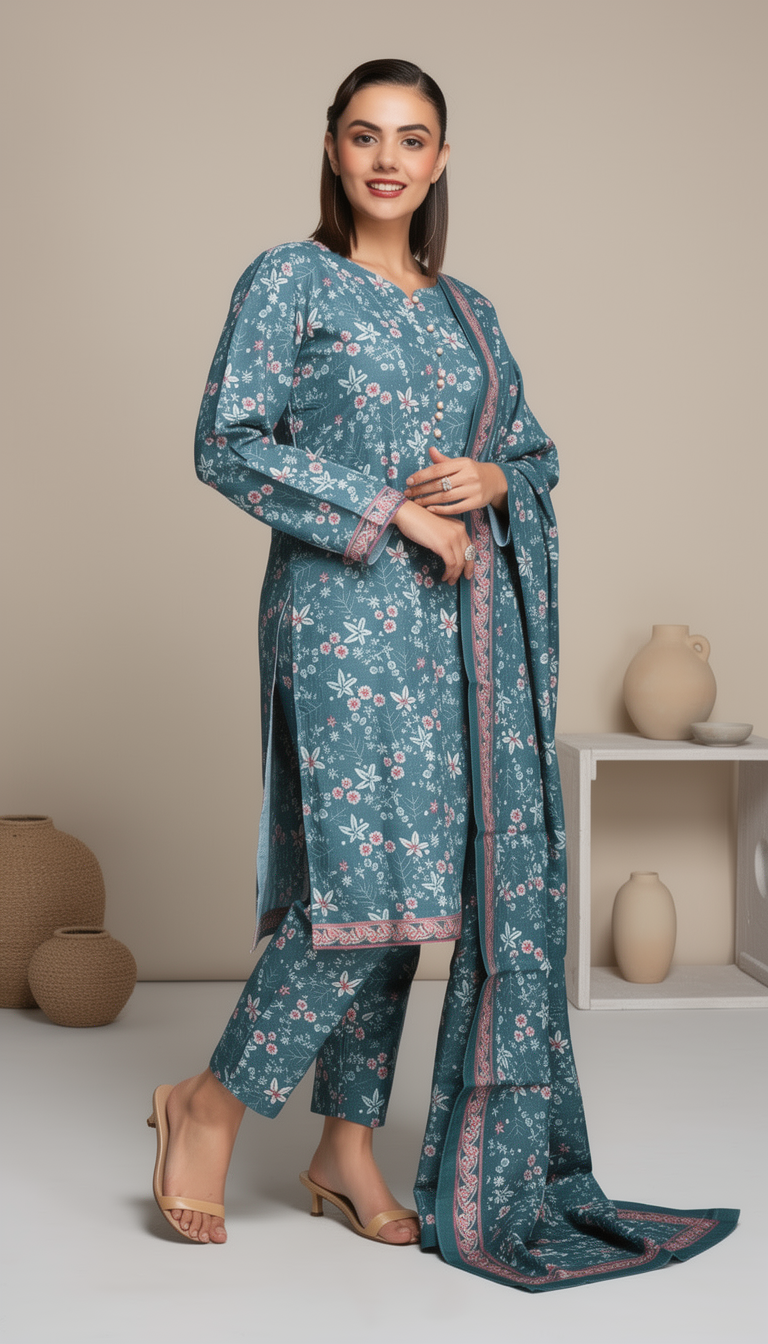 Woman wearing a teal pakistani traditional outfit with a plain background