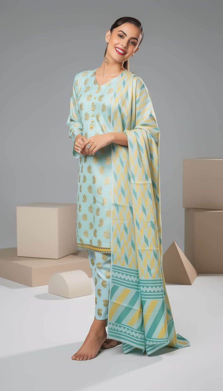 D4 - Raw Silk Viscose – 3 Piece Printed Suit