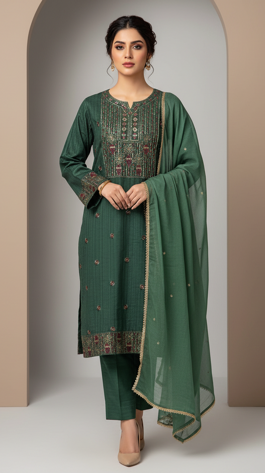 Woman wearing a green cotton 3 piece outfit with a matching dupatta